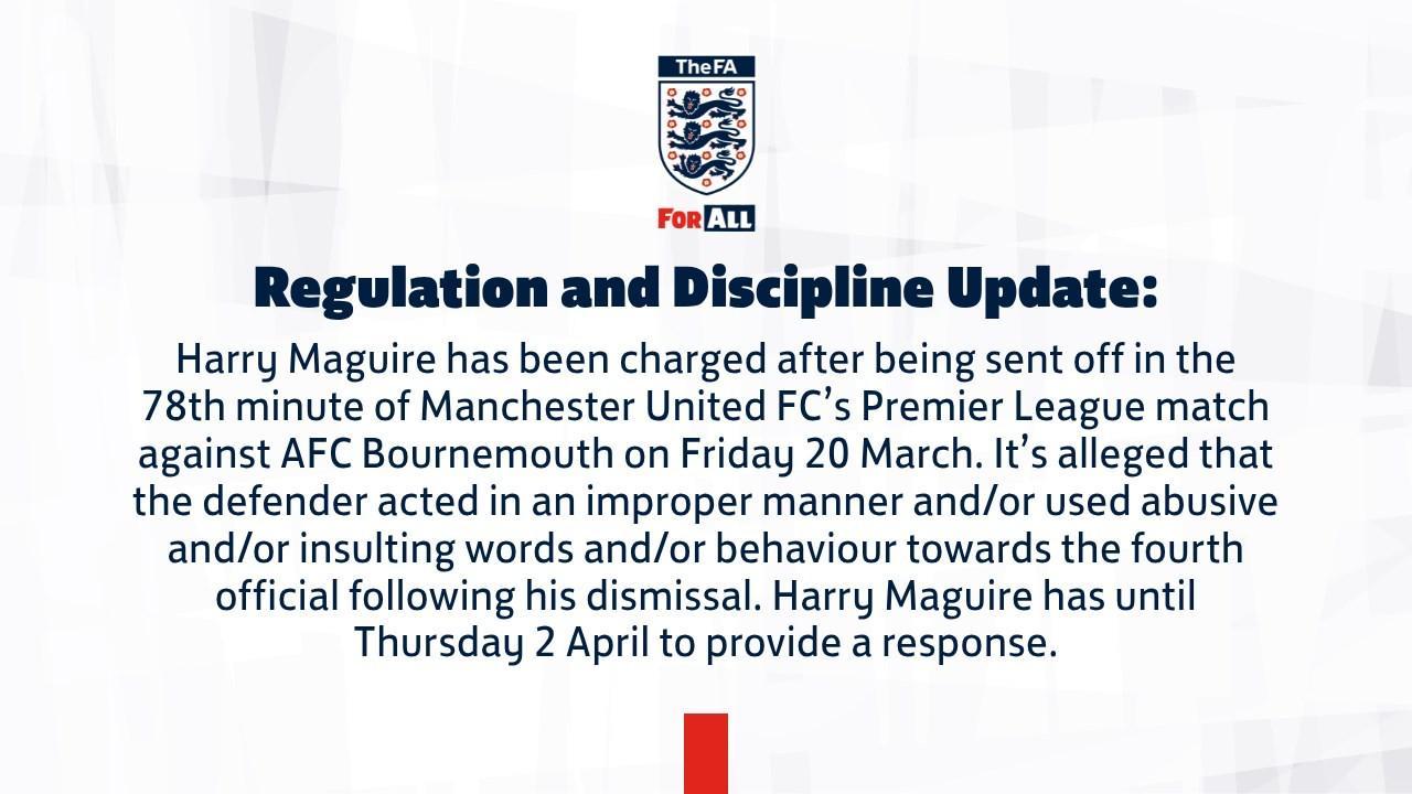 开云体育在线-官方：因对阵樱桃染红后对四官行为不当，马奎尔被英足总指控